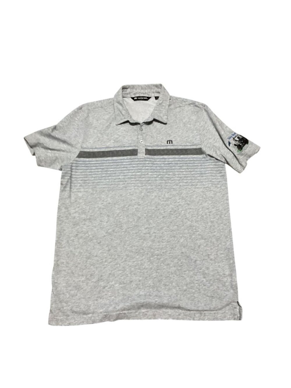 Travis Mathew Golf Polo Shirt Sz L Gray Striped With Embroidered Sleeve Mens